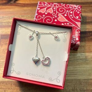 Sonoma Silver Tone & Pink Rhinestones Hearts Earrings & Dangle Necklace. P/M